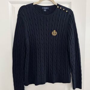 Ralph Lauren Chaps Navy Collegiate Cable Knit Fisherman Sweater Gold Emblem